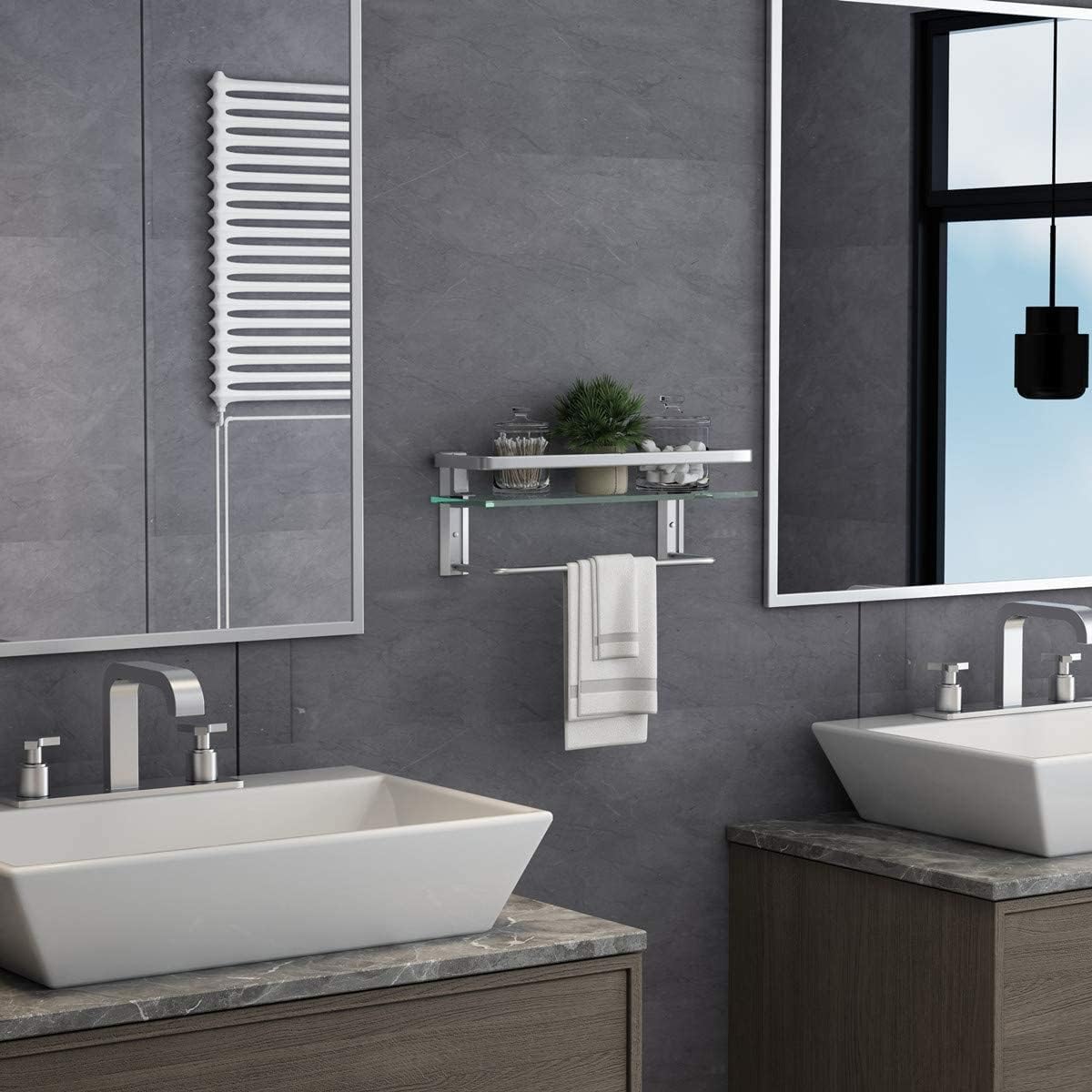 Glass Shelf with Towel Bar 15.7in Silver Bathroom Shelf Wall Mount Rustproof Bathroom Wall Organizer 1 Tier (Silver)