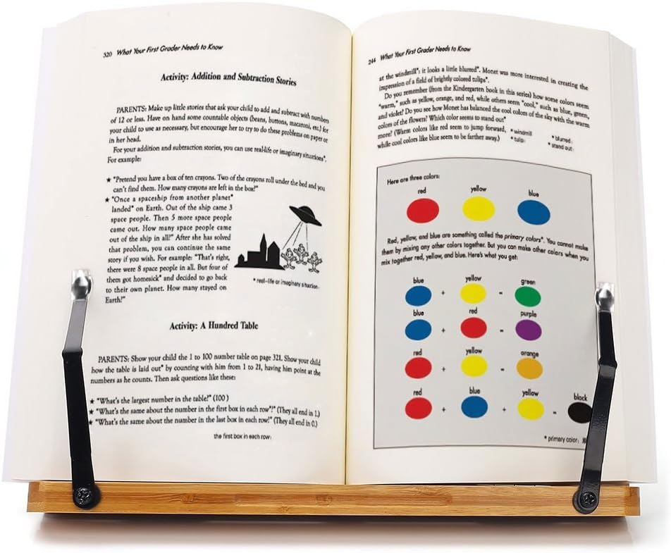 wishacc Bamboo Book Stand, Adjustable Book Holder Tray and Page Paper Clips-Cookbook Reading Desk Portable Stable