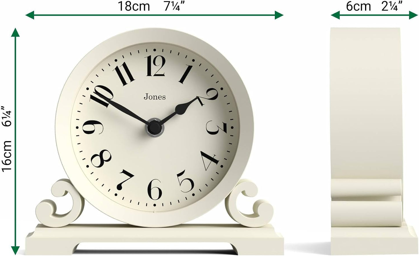 JONES CLOCKS® Saloon Mantel Clock | Small Traditional Double Scroll Design | Pale Cream | Contemporary Classic Style