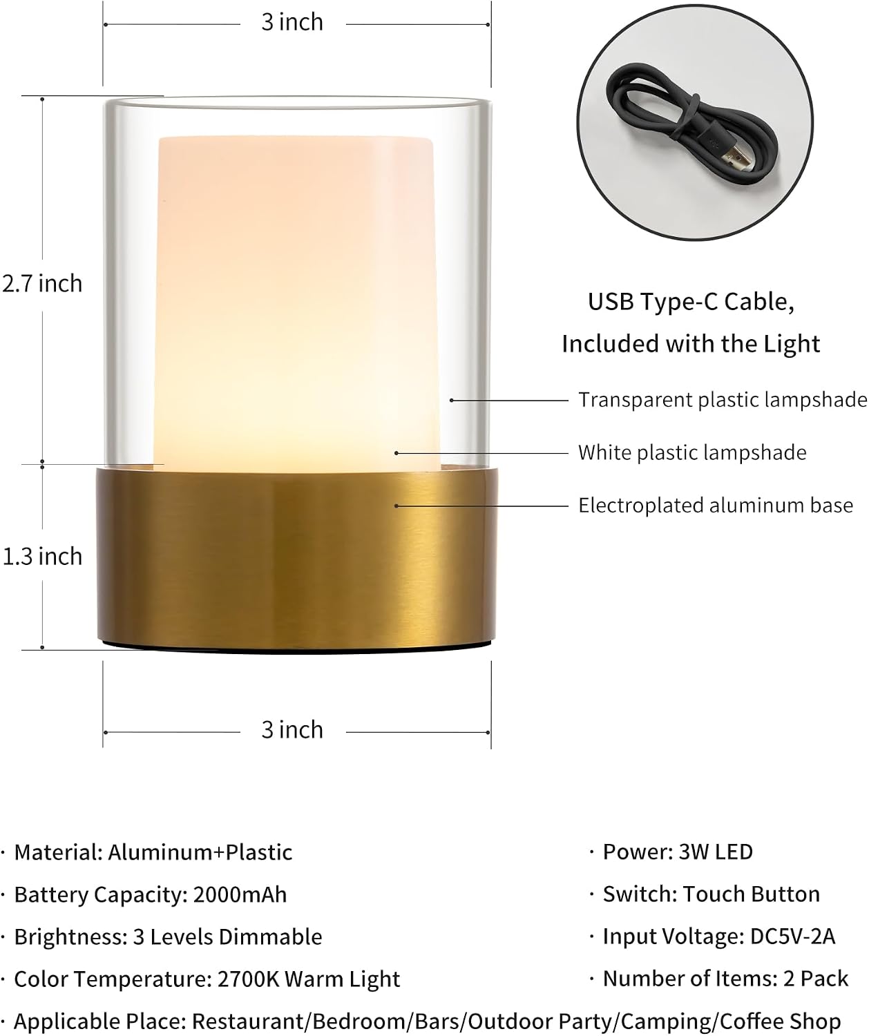 4" Bronze Cordless Table Lamp Set of 2, Outdoor Rechargeable Lamp | LED, Battery Operated, Portable, Touch Night Light