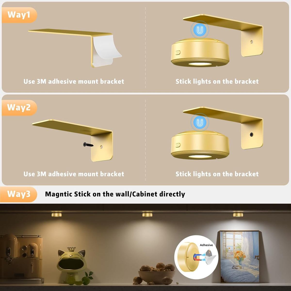 6 Pcs Picture Lights, Rechargeable Battery Operated Dimmable 3-Color Wall Light with Remote & Timer for Paintings