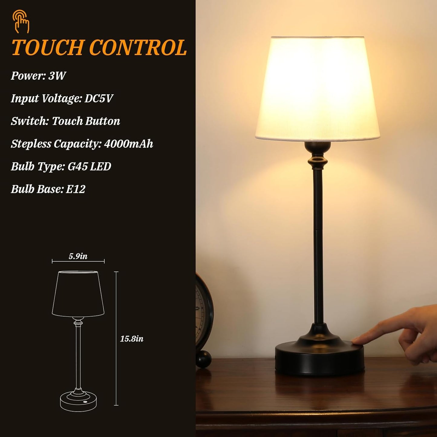 Kakanuo Cordless Table Lamp Rechargeable Black - 1 Pack 4000mAH Battery Operated Lamp for Decor, 3000K Stepless Dimming