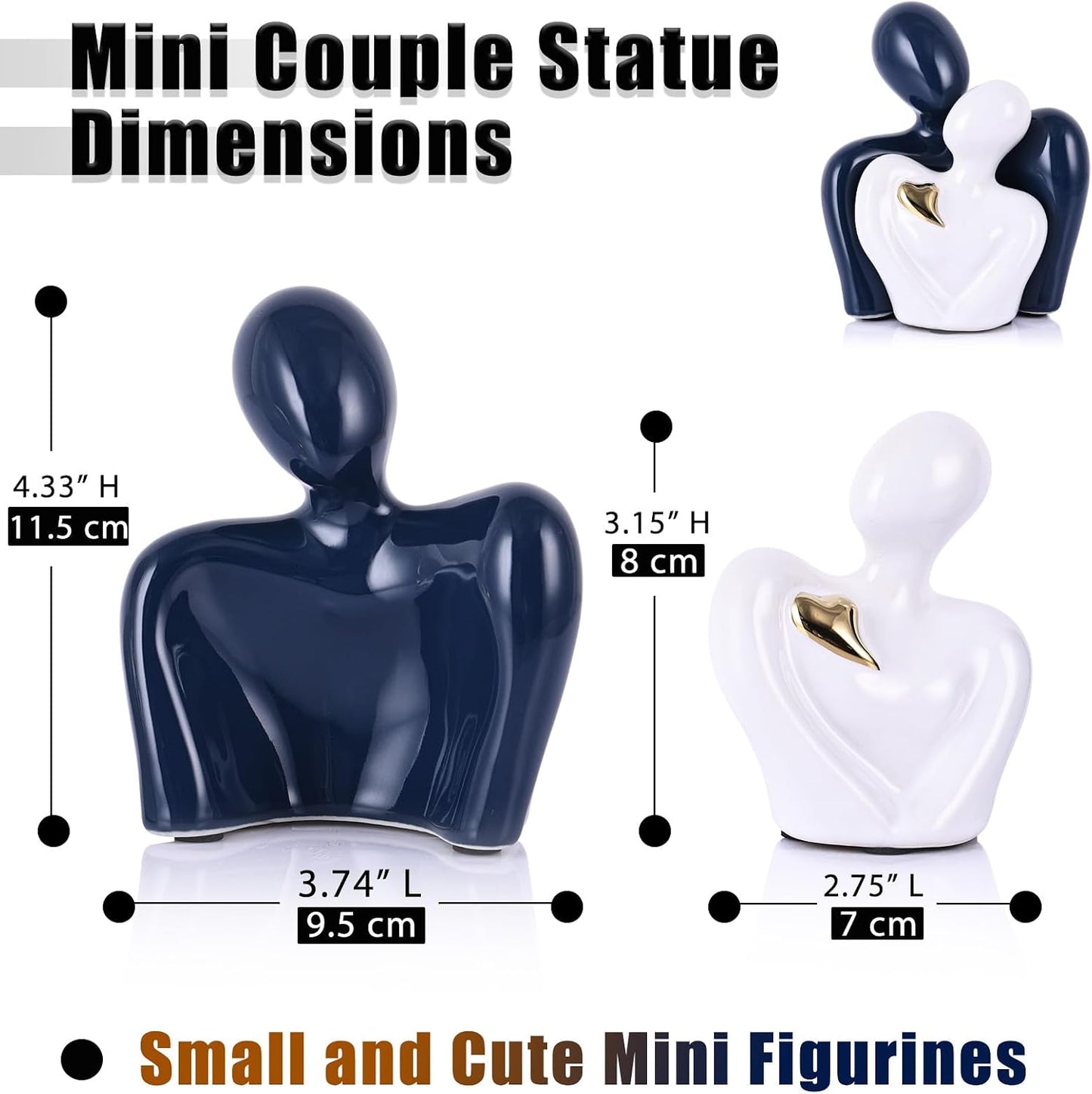 Mini Couple Ceramic Small Statue / Blue White and Gold