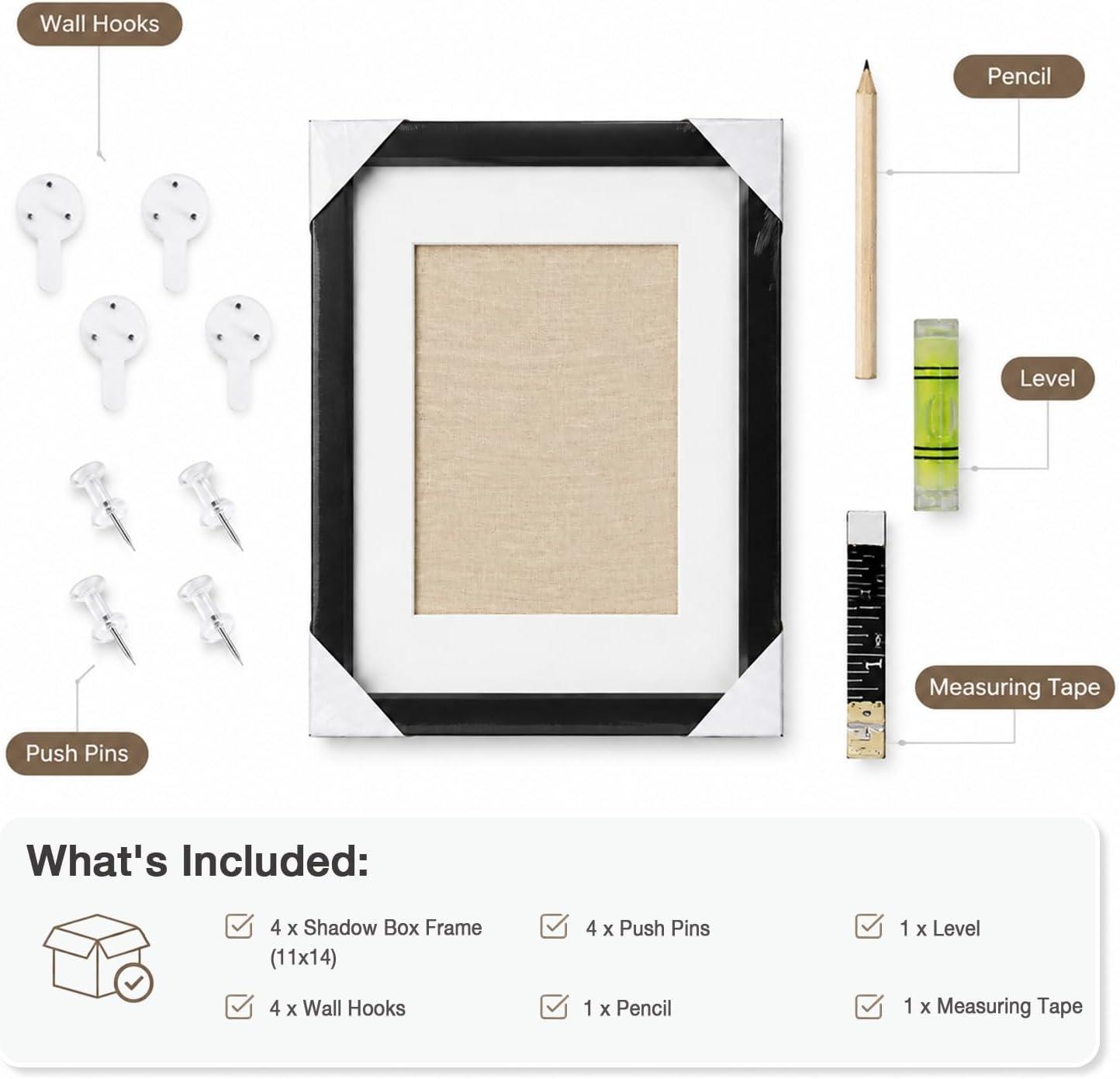 11x14 Shadow Box Picture Frame, 4-Pack Linen Back, with Mat, Black | Wooden Display Cases, 3 Ways to Display, Acid-Free