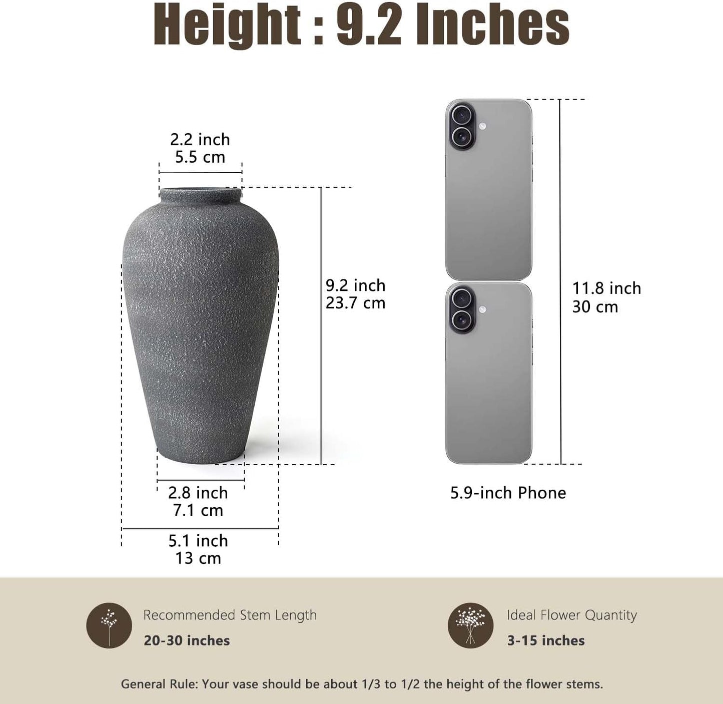 Black Ceramic Vase / Farmhouse Black-9.2 / 9.2 Inch