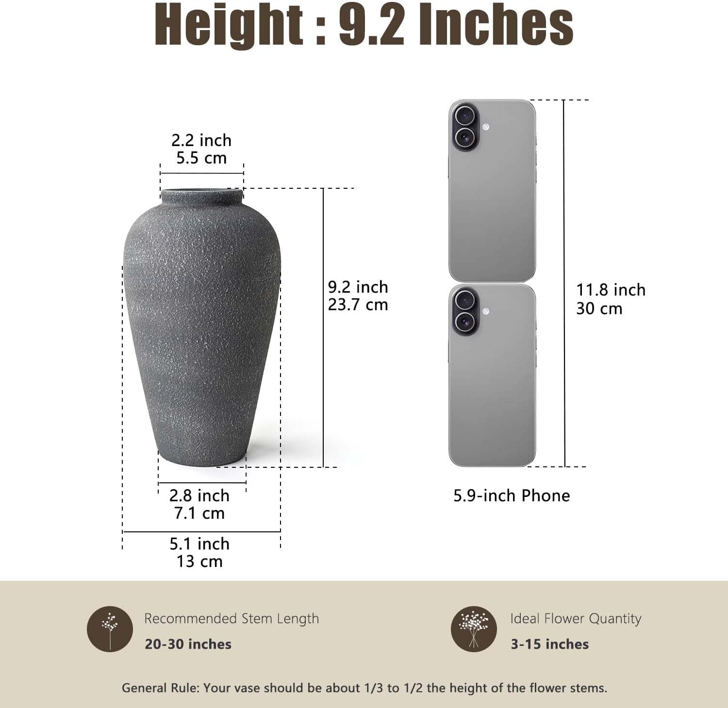 Black Ceramic Vase / Farmhouse Black-9.2 / 9.2 Inch