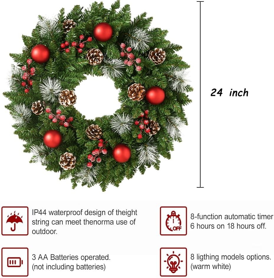 24 Inch Pre-Lit Artificial Christmas Wreath for Front Door, Christmas Door Decorations Wreath with LED Warm Lights, Balls, Pine Needles, and Red Berries Wall Windows Ornament