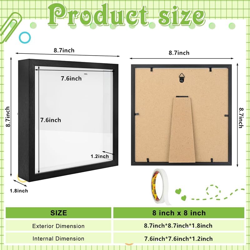 4 Pack 8 x 8 Shadow Box Picture Frame 3D Frames Shadow Box Square Shadow Boxes Display Cases with Adhesive Tape for