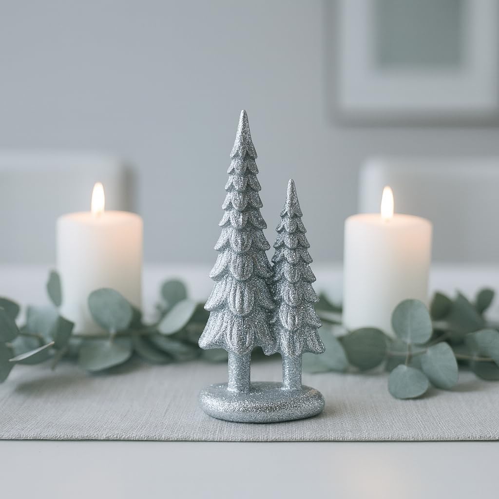 7" Resin Tabletop Figurine Double Glitter Trees on One Base Indoor Christmas Decoration / Silver