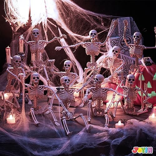 JOYIN 10 PCS 16" Halloween Skeleton Decor, Full Body Stayable Movable Joints, Posable Hanging Skeletons for Halloween Decoration, Yard, Graveyard, Haunted House Props, Spooky Scene Party Favor