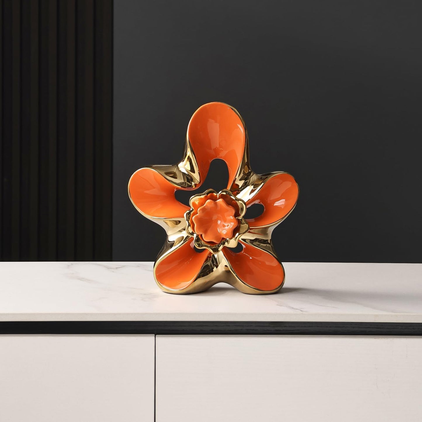Ceramic Statue Home Decor Aesthetic Abstract Flower Sculpture Modern Decorative / Orange and Gold