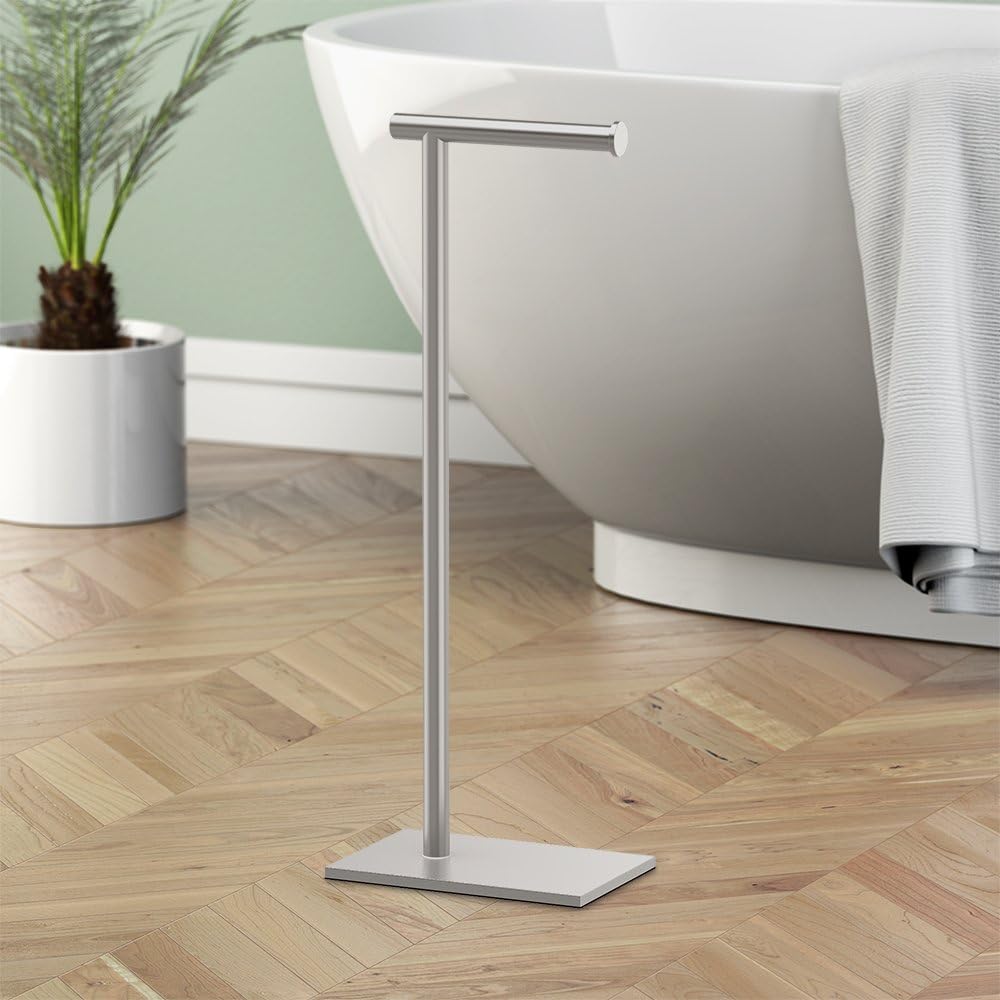 Gatco 1431SN Bathroom Toilet Paper Holder Stand, Freestanding Tissue Roll Holder, Weighted Base, Satin Nickel, 22.25