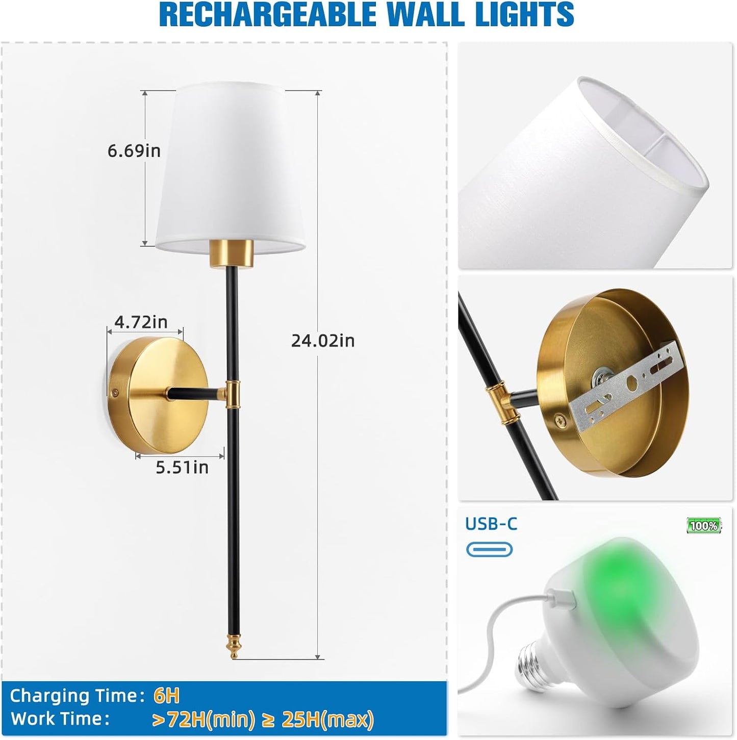Battery Operated Wall Sconce Set of 2,Black-Gold Rechargeable Wall Lights with 10400mAh Dimmable Bulbs and Remote,10