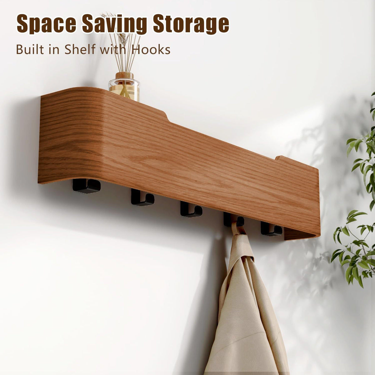 Coat Rack Wall Mount with Hidden Hooks, Wall Hooks with Shelf, Wall Key Holder Mount Wooden Shelf Entryway Hooks for