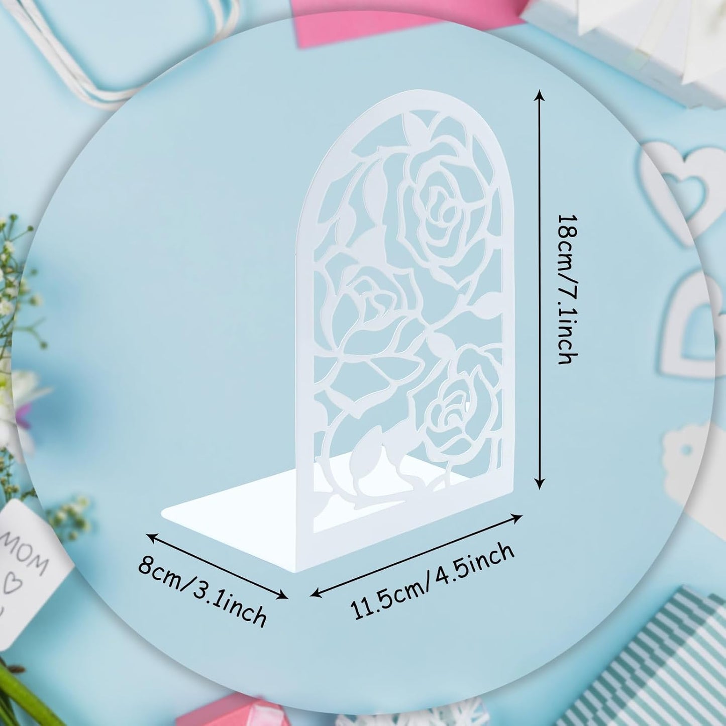 Elegant Rose Bookends Hollow-Out Rose Flower Book Ends Shelves Organizer Metal Book Stands / White
