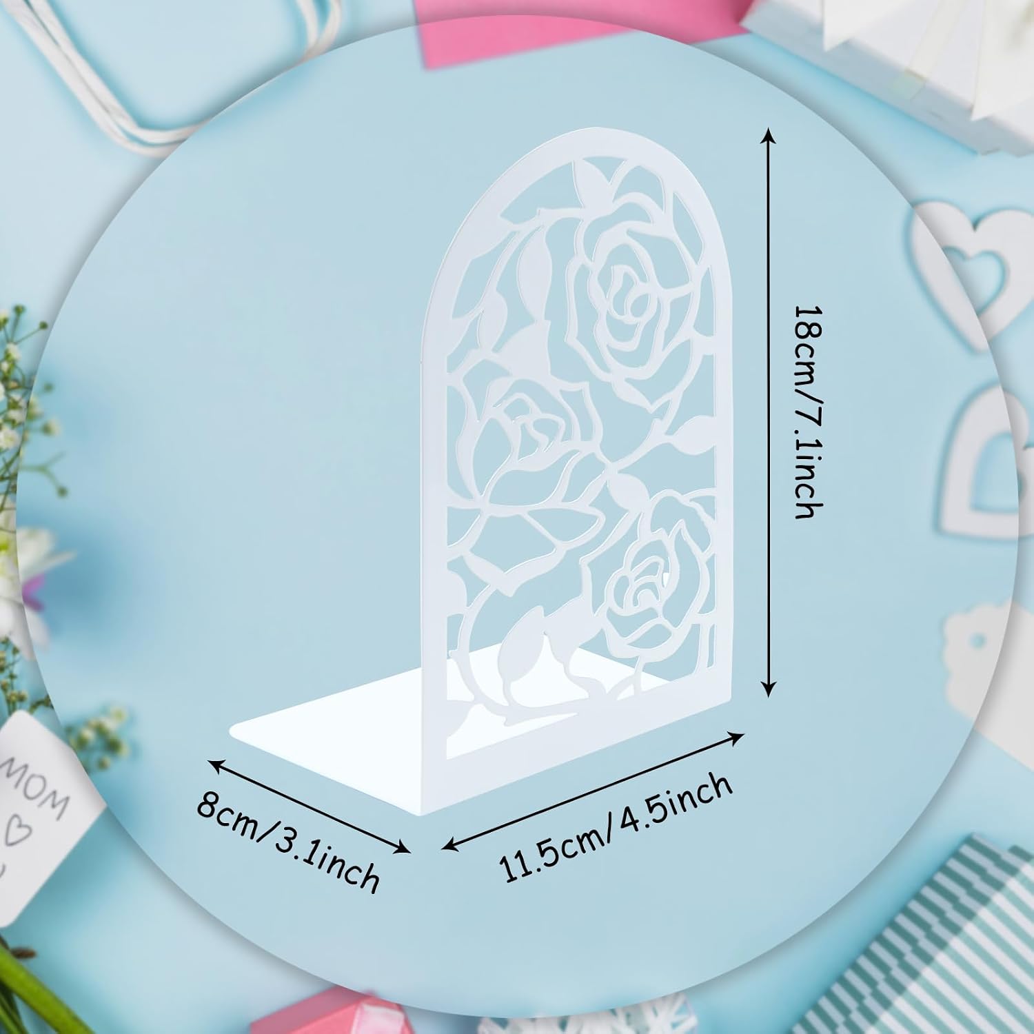 Elegant Rose Bookends Hollow-Out Rose Flower Book Ends Shelves Organizer Metal Book Stands / White