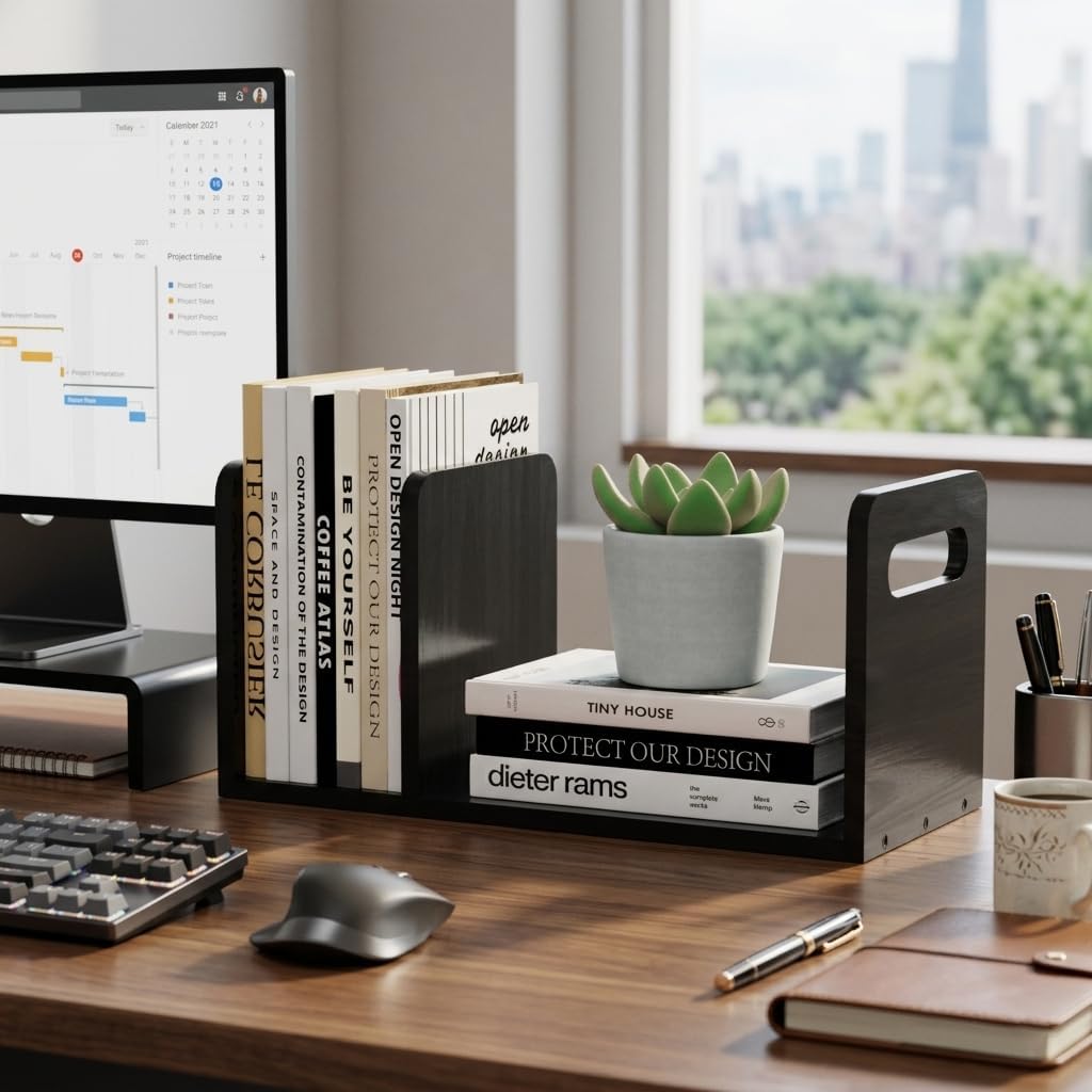100% Solid Wood Adjustable Desktop Bookshelf / Black