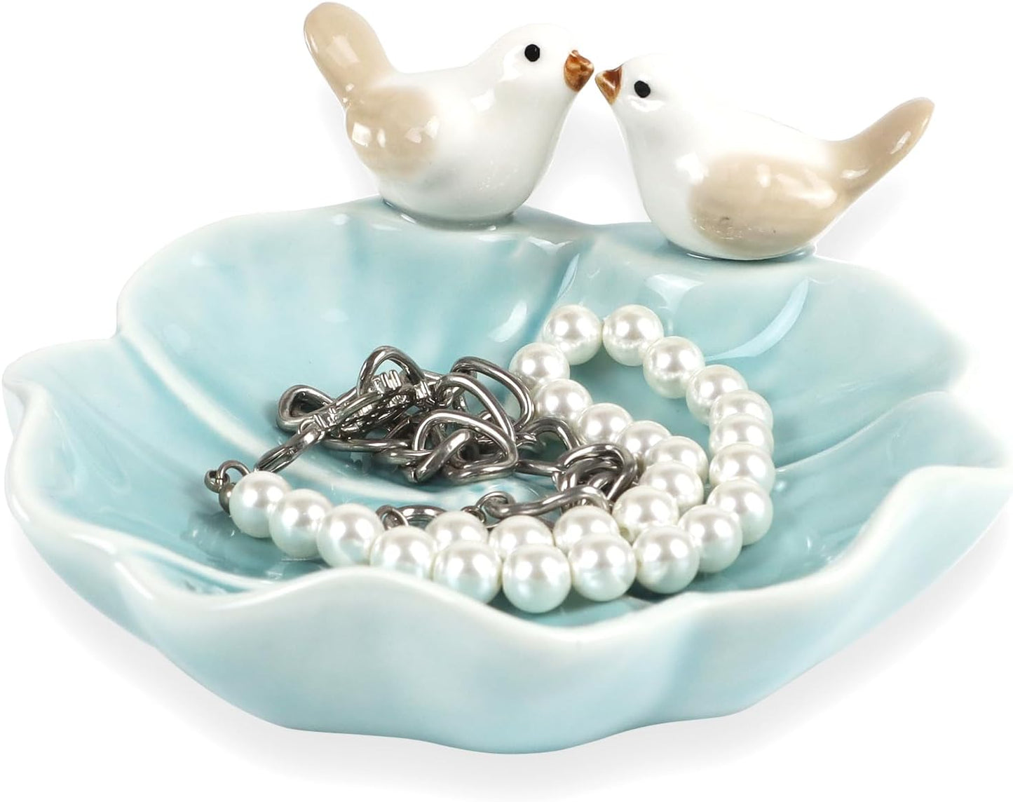 Ceramic Jewelry Tray Trinket Dish Decorative Bird & Lotus Leaf Ring Holder Dish Aesthetic / Blue