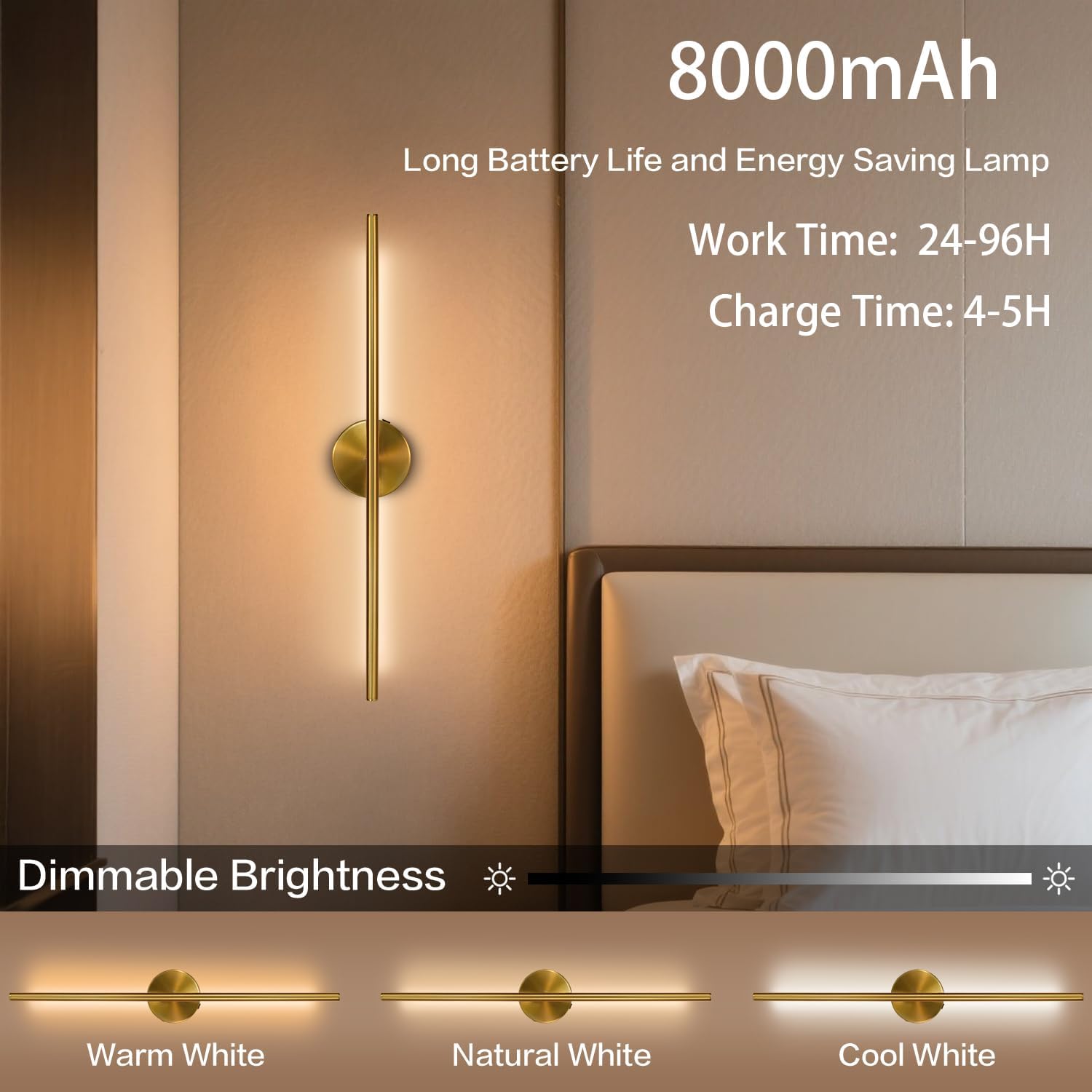 Rechargeable Wall Sconce Set of Two, Modern Wireless Brass Wall Light Sconce with Remote, 28.35Inch Dimmable Indoor