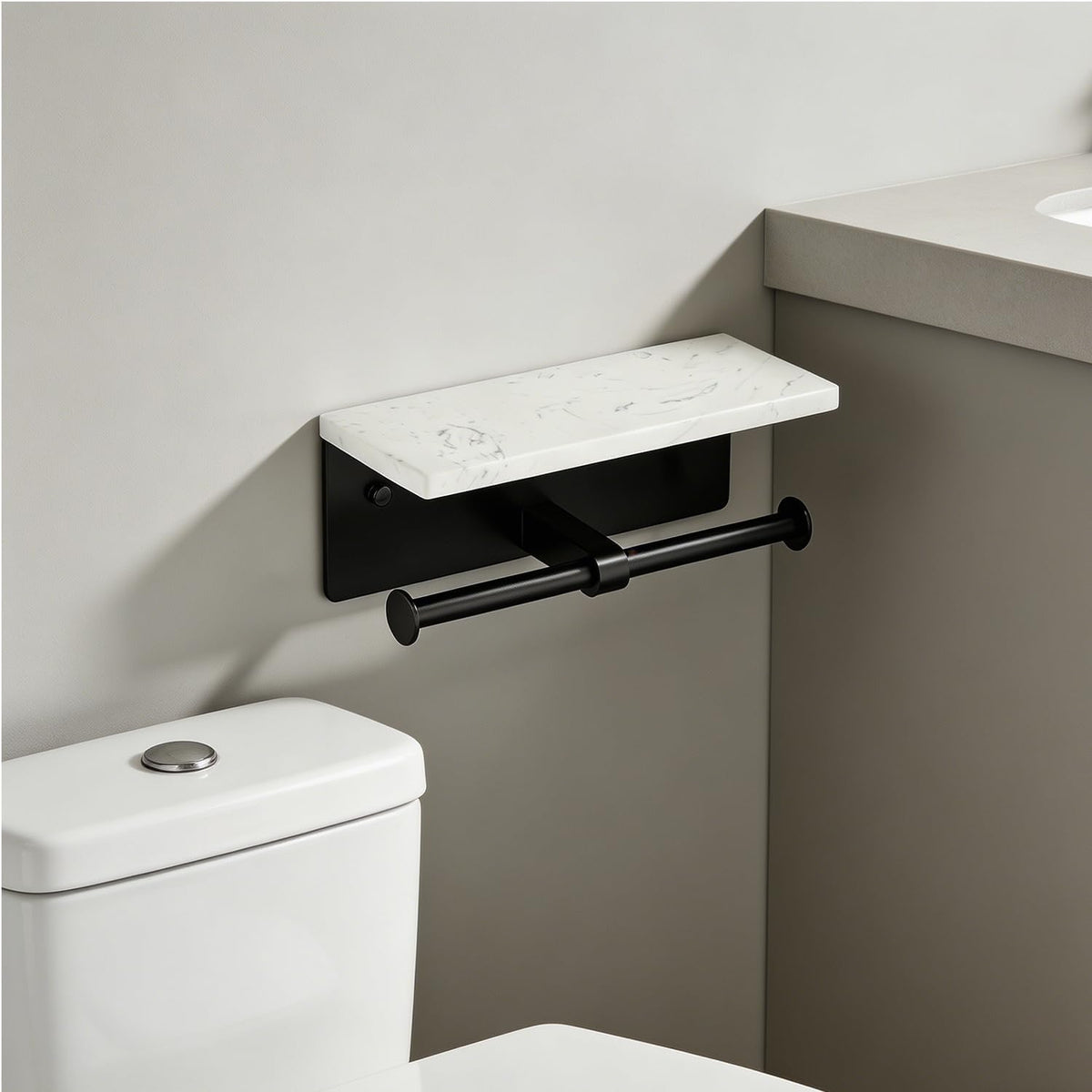 Matte Black Toilet Paper Holder Wall Mount, NEWRAIN Rustproof Commercial Double Toilet Tissue Holder with Marble Phone