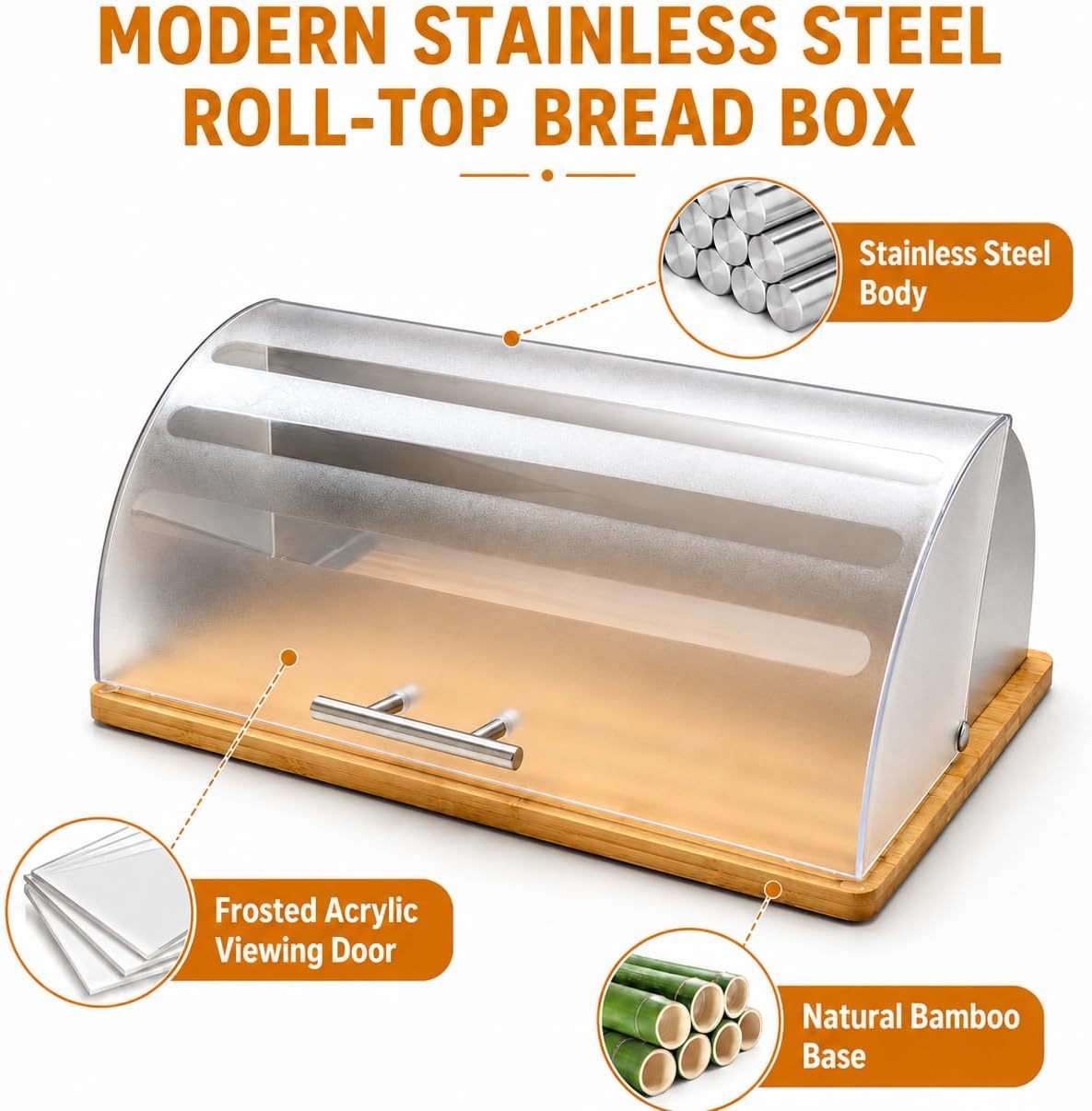 Bread Box for Kitchen Countertop, Modern Stainless Steel Roll-Top L | Clear Acrylic Viewing Door with Frosted Pattern