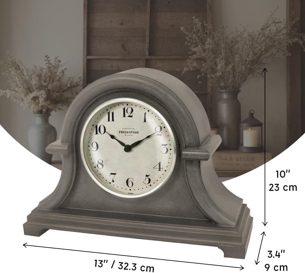 Mantel Clock Vintage Farmhouse Series | Napoleon Desk & Shelf Clock, 13 x 10", Domed Lens, Quartz Movement, Gray Oak