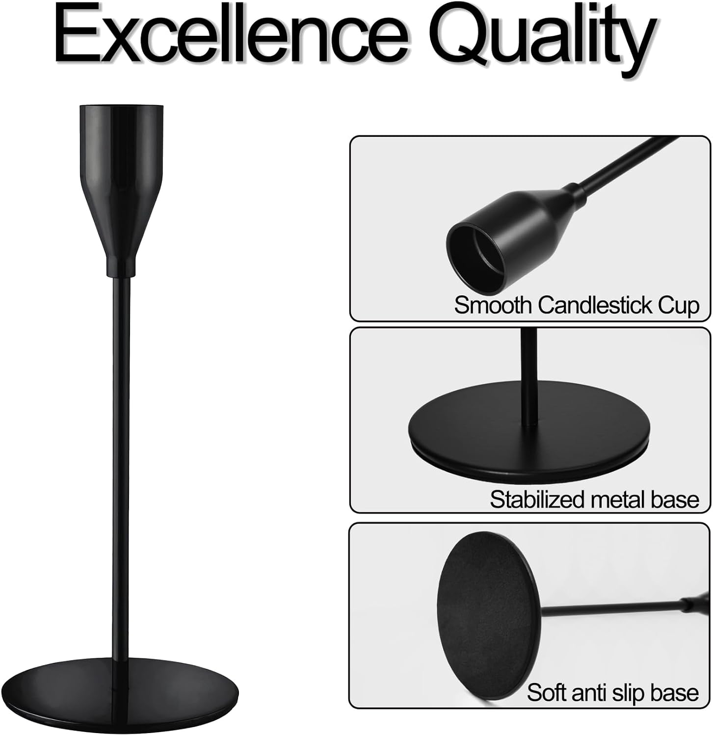 Black Candlestick Holders, Metal Taper Candle Holders,Bulk Set of 15 | Elegant matte black candle stands, 3 heights