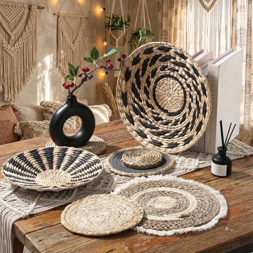 Boho Wall Basket Decor Decorative Hanging Woven Wall Basket Decor Round Farmhouse Hanging / Set of 7