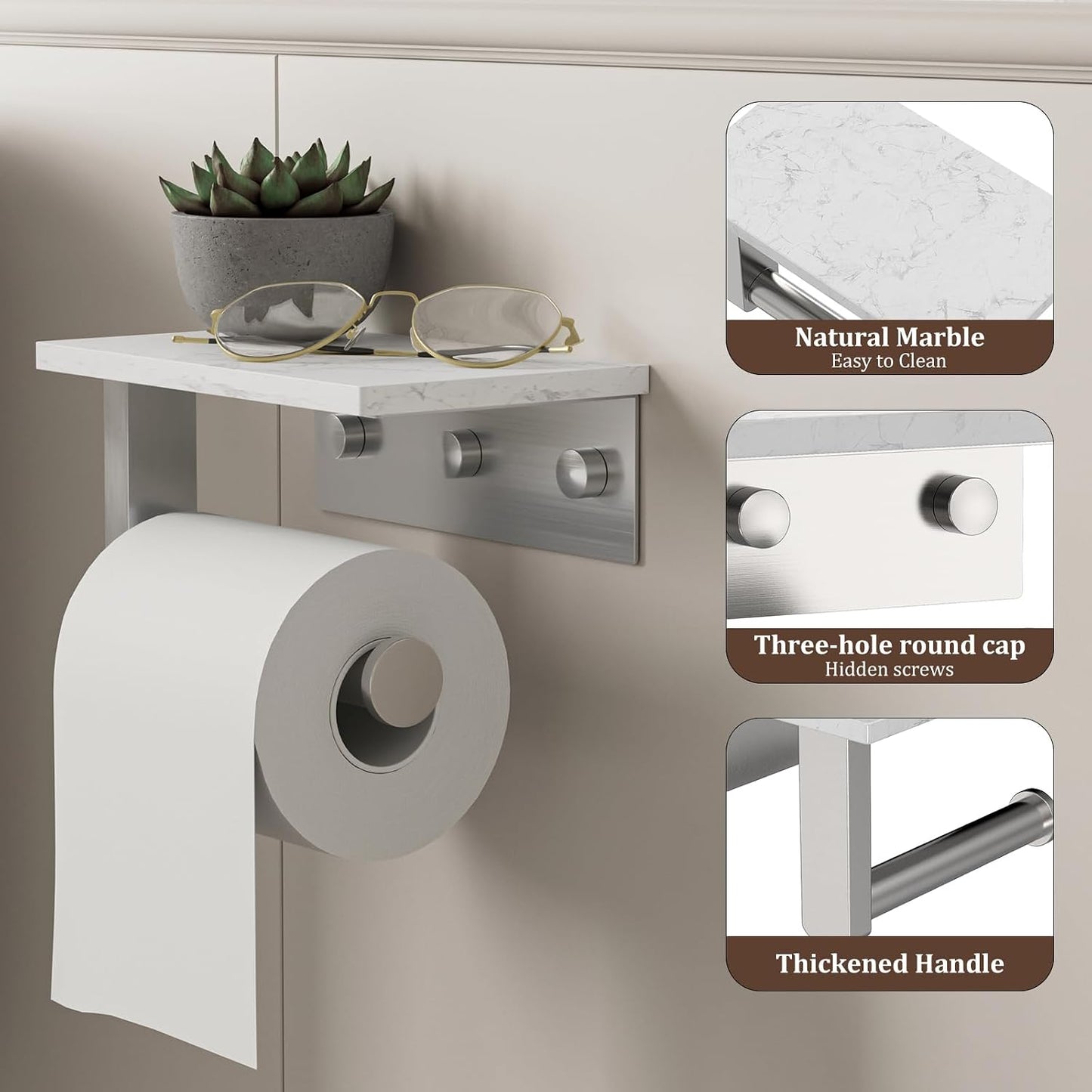 BWE Brushed Nickel Toilet Paper Holder with Marble Shelf Wall Mounted | Toilet Paper Roll Holder with Phone Shelf 304
