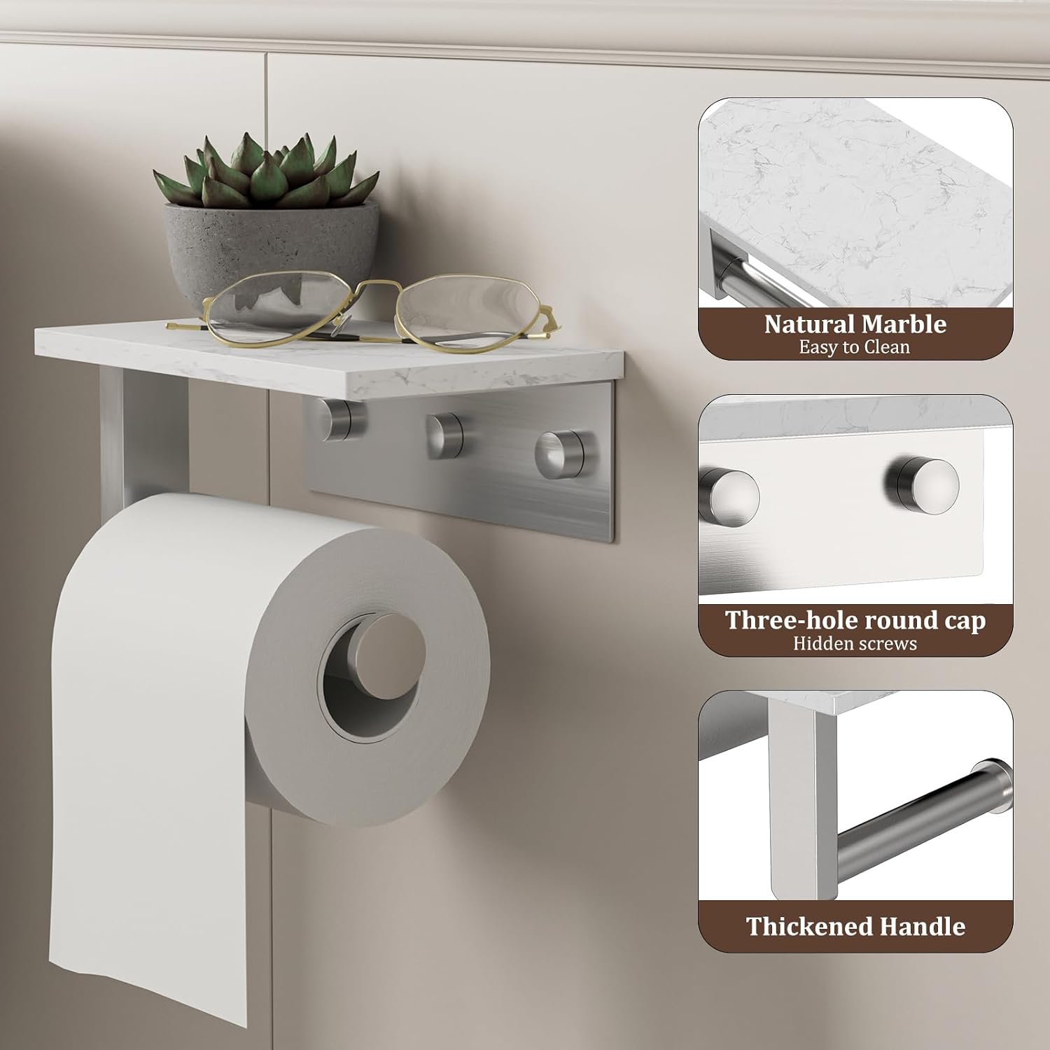 BWE Brushed Nickel Toilet Paper Holder with Marble Shelf Wall Mounted | Toilet Paper Roll Holder with Phone Shelf 304