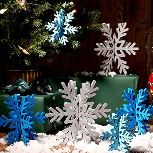 Bucherry 12 Pcs Wooden Snowflakes Table Decor,Silver, Blue