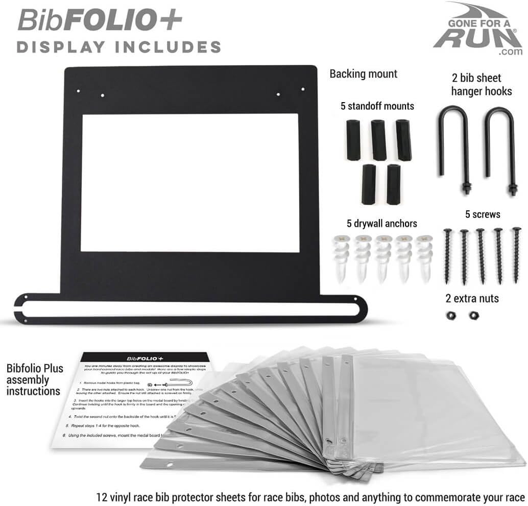 Gone For a Run BibFOLIO+ Race Bib & Medal Display Holds 24 Medals 100 Bibs | Medal Wall Mount, Clear Vinyl Bib