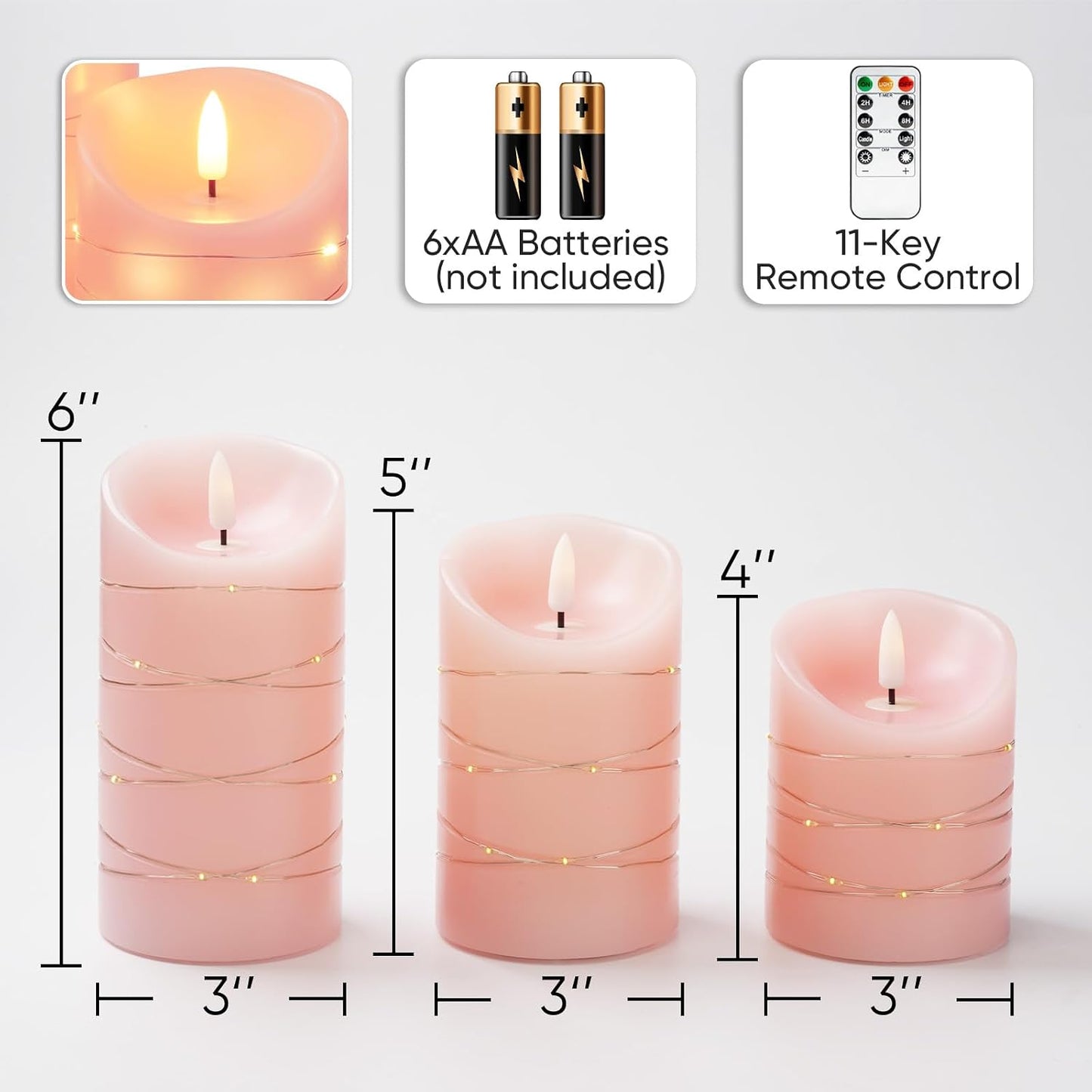 Homemory Flameless Candles with String Lights, 3 Pack Embedded Fairy String Lights LED Candles, Electric Flickering