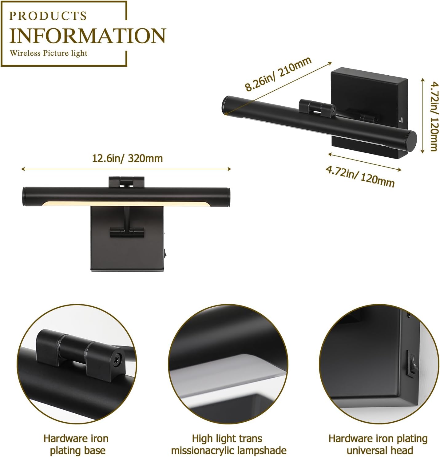 Joosenhouse Battery Operated Picture Light (2-Pack), 5000mAh Rechargeable Wall Light, Wireless Art Display Light with