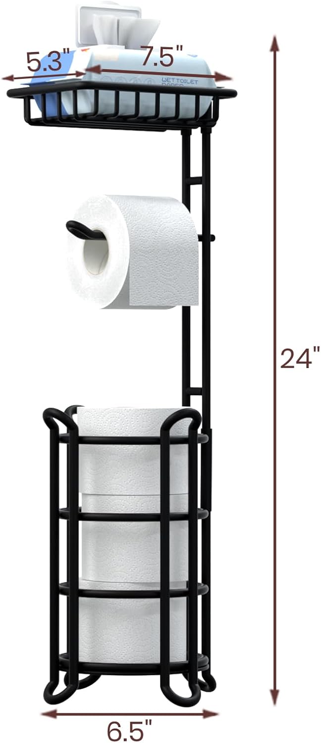 TreeLen Toilet Paper Holder Stand Tissue Paper Roll Dispenser with Shelf for Bathroom Storage Holds Reserve Mega