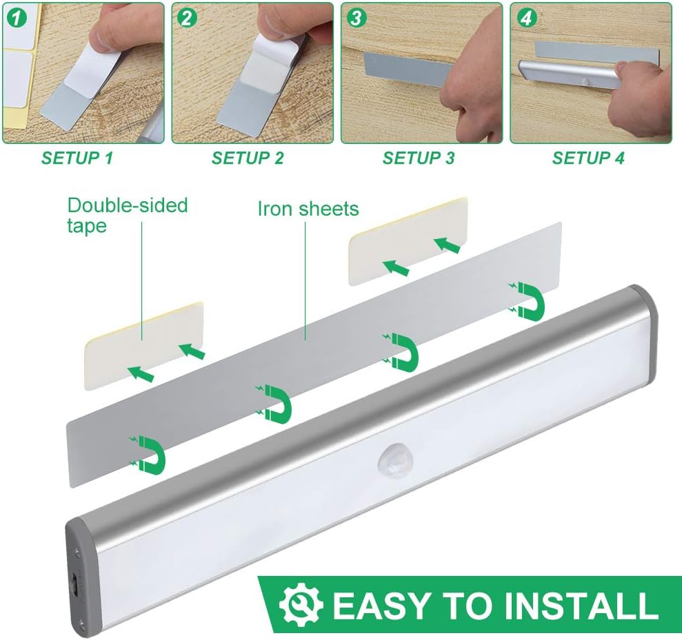 Wireless Motion Sensor Cabinet Lights 10-LED USB Rechargeable Closet Lights LED Under Cabinet Lighting for