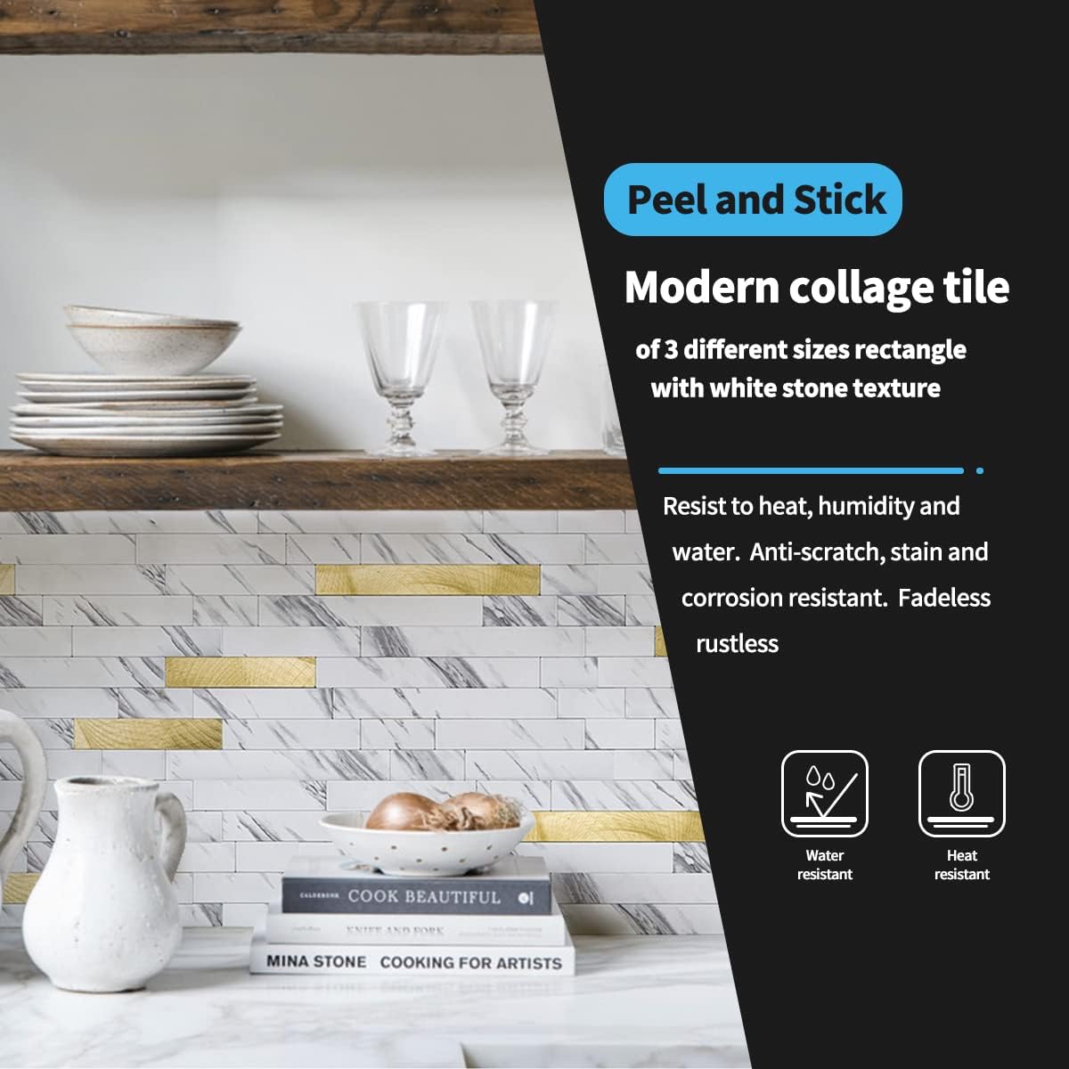 10-Sheet Peel and Stick Backsplash Tile / White Slate with Gold Studded / 13.4 x 11.8 / Set of 10