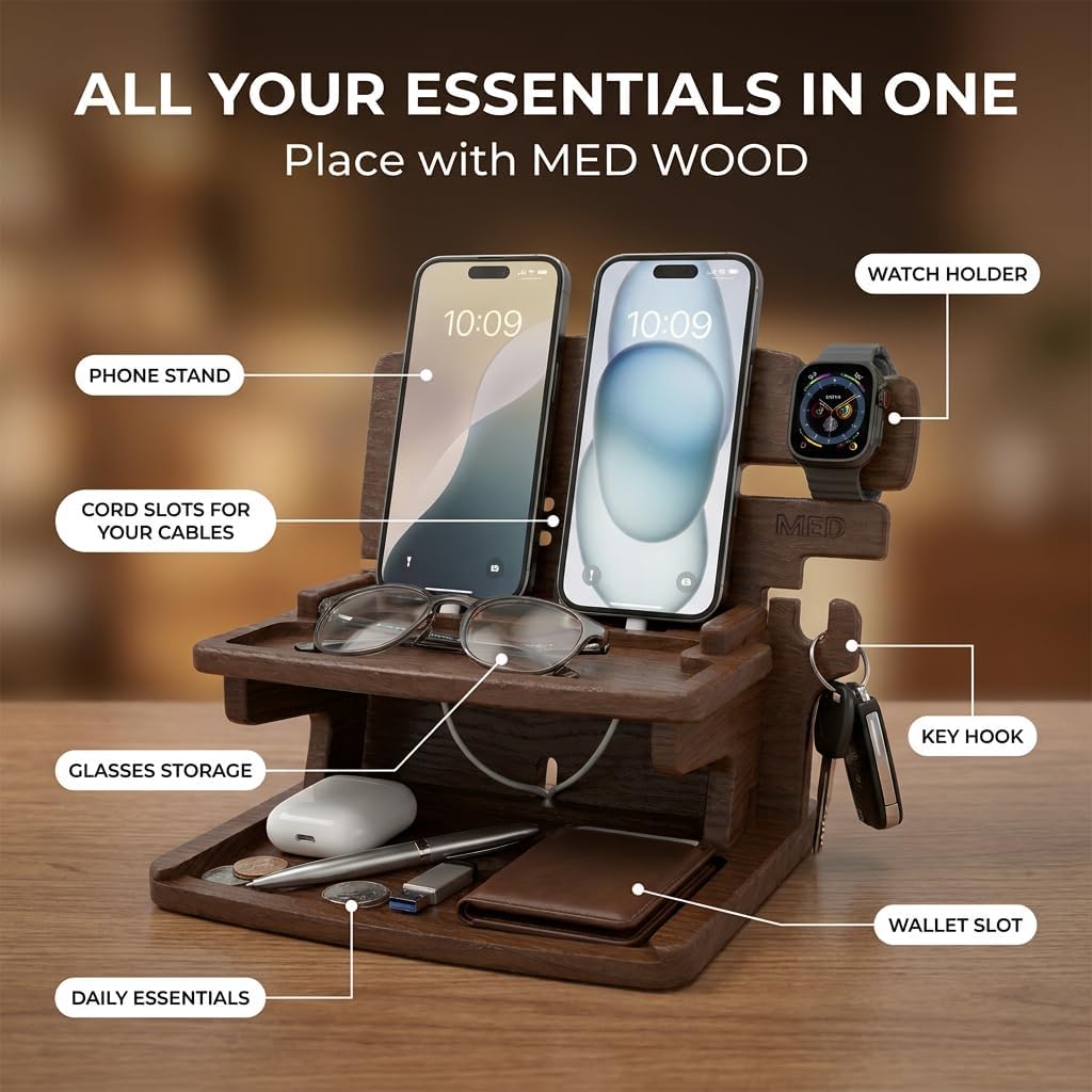 MED Wood Phone Docking Station for Men - Desk or Nightstand Organizer - Birthday Gifts for Husband, Dad - Anniversary
