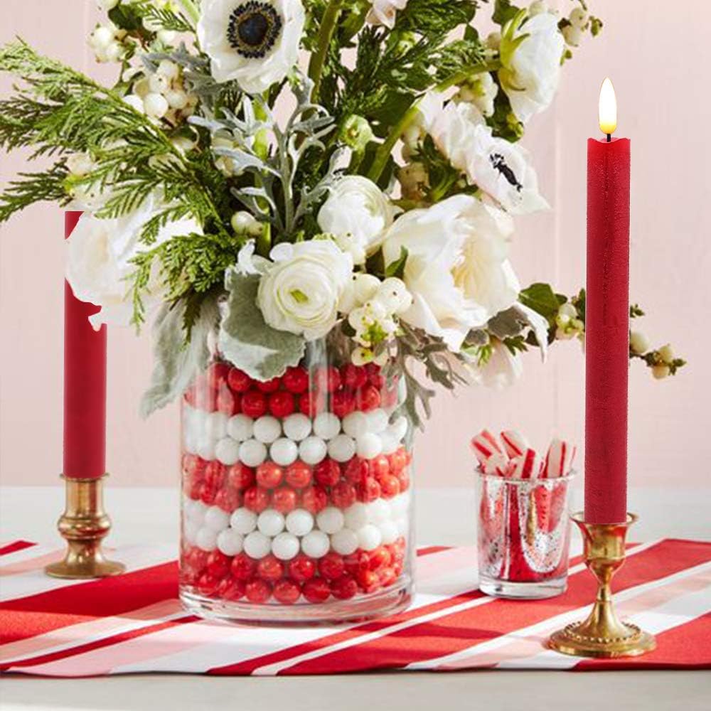 Christmas Red Flameless Taper Candles Flickering with 6H Timer | LED Taper Candles, Flameless Candlesticks, Battery