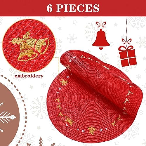 Tioncy 6 Pcs Round Christmas Placemats, Red Reindeer 13.4"