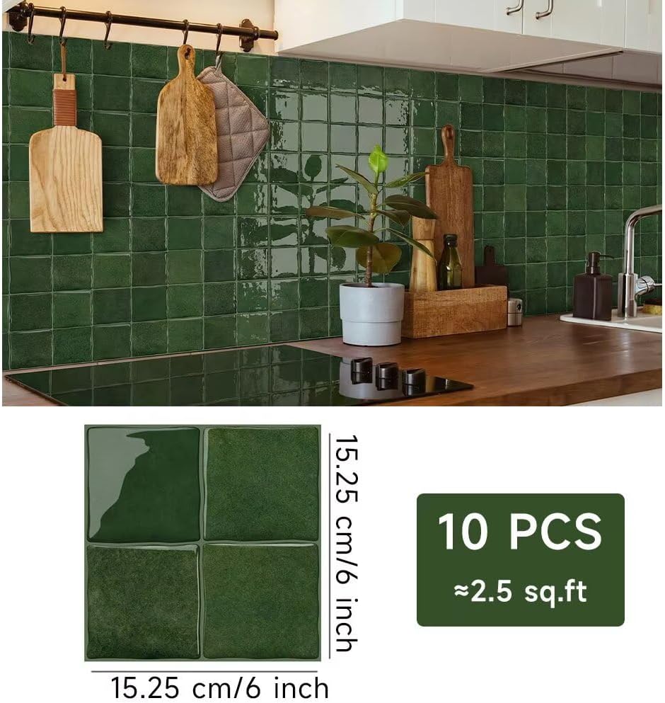 Self-Adhesive 3D Square Wall Tile Stickers / Green / 6 x 6 / Set of 10