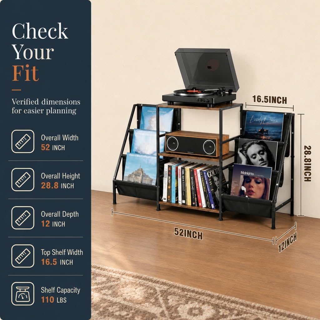 Record Player Stand with Storage, Vinyl Record Holder with Power Outlet | Holds 280 Albums, Vinyl Record Storage