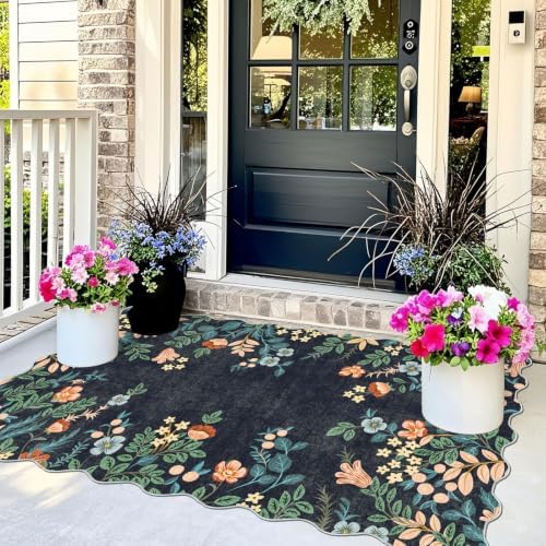 Dark Navy Floral Entry Rug - 3x5 Ft Washable Indoor Outdoor Mats for Front Door Porch Rug Non-Slip Spring Door Mat Boho