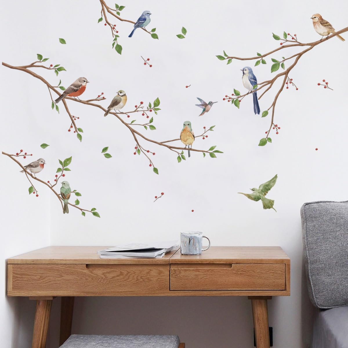 Bird on Tree Branch Wall Decals Watercolor Birds Flower Wall Stickers Bedroom Living Room Office