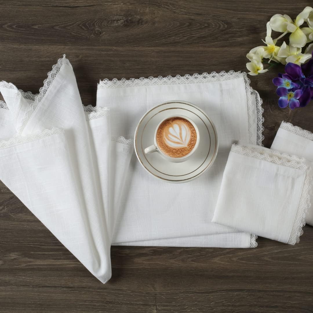 NATURALCRAFT Cloth Napkins Set of 12 Cotton Linen 18x18 inch White Lace | Washable Fabric Soft Durable Breathable for