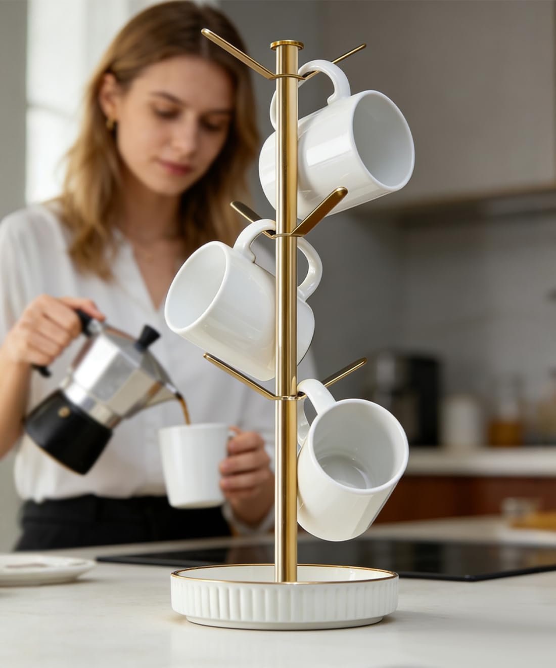 VROOMIUM Ceramic Coffee Mug Holder,Extra-Large and Stable, Fits 20oz, Gold | Effortless Cleaning, Built-in Storage for