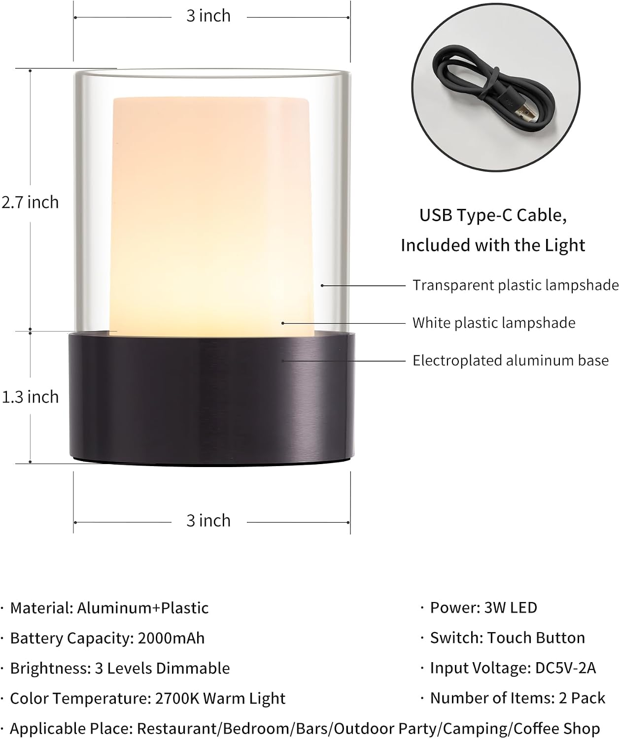 4" Black Cordless Table Lamp Set of 2, Outdoor Rechargeable Lamp | LED, Battery Operated, Portable, Touch Night Light