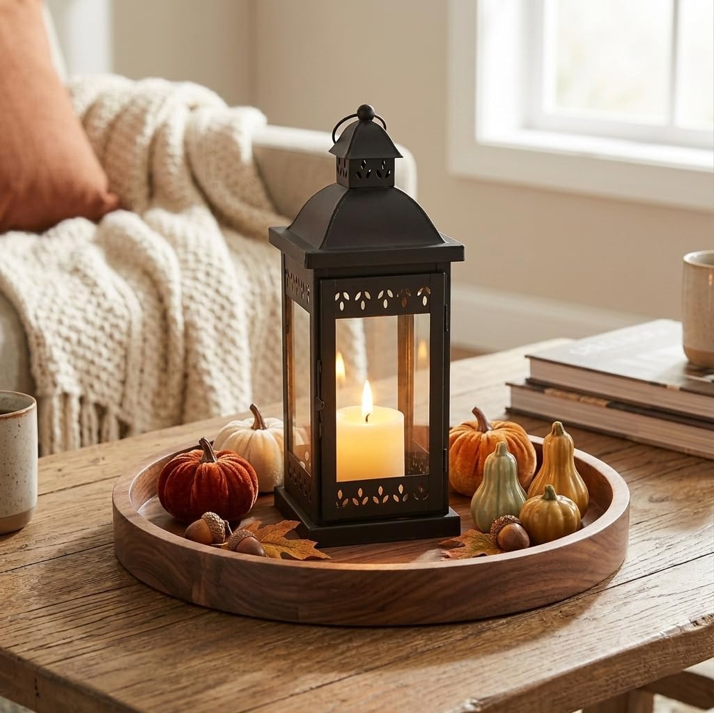 Hosley 15" Clear Glass Iron Lantern - Large Black Classic Style, Decorative Candle Holder for Weddings, Parties