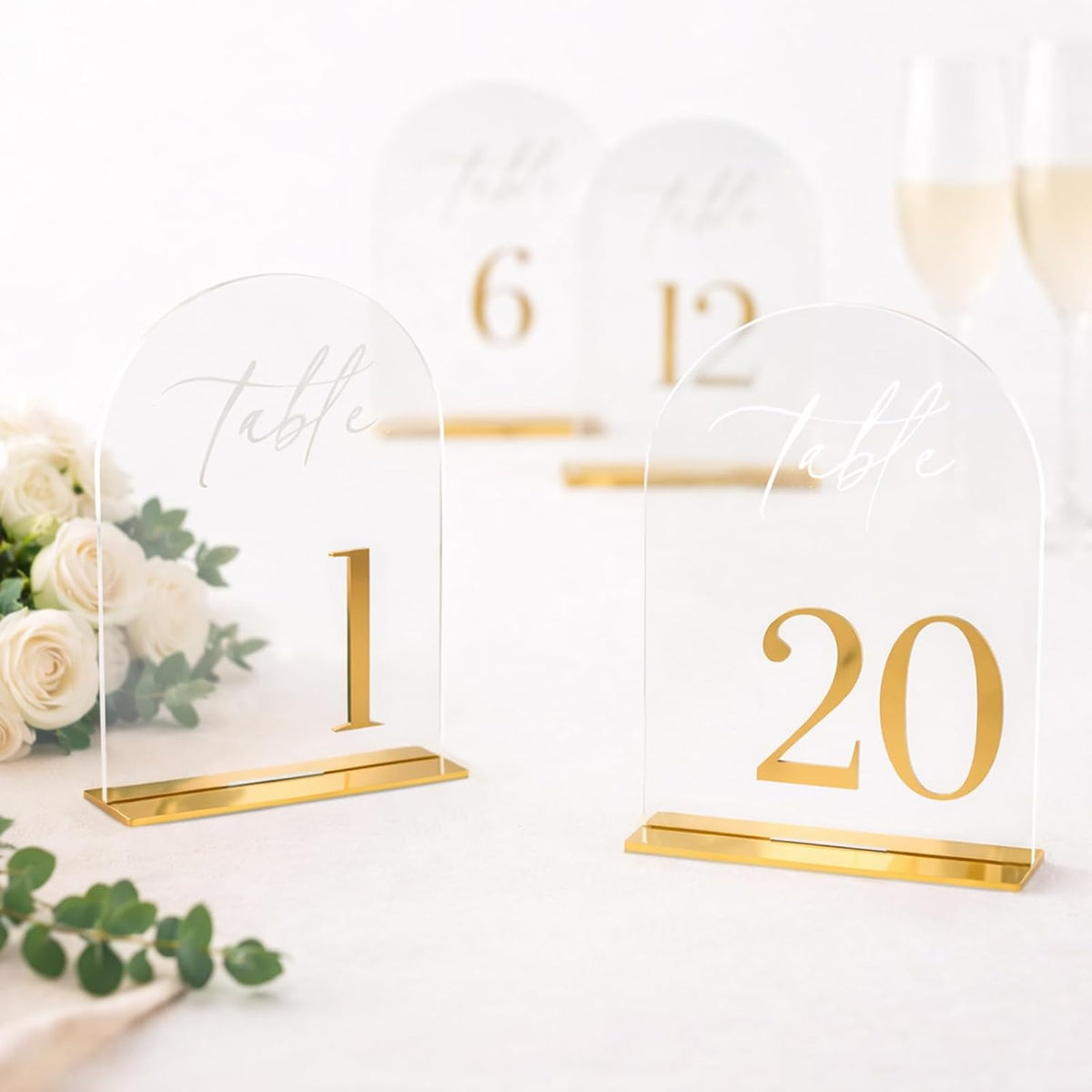 Wedding Table Numbers 1-20, Reception, 5.5" x 7" Clear Acrylic Arch Signs | Raised 3D gold numbers bring a refined