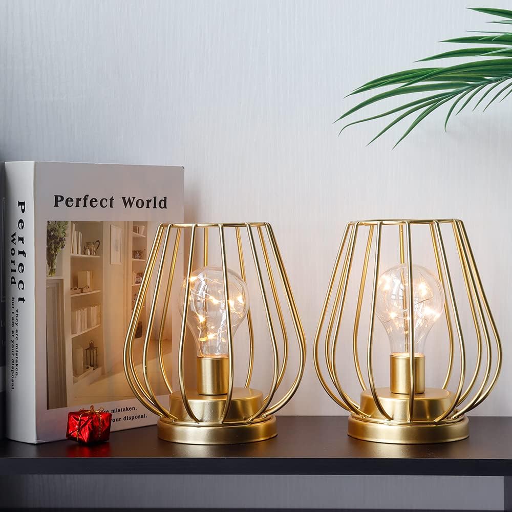 TRIROCKS Set of 4 Metal Battery Operated Lamp 7'' Tall Mini Cage Shape Cordless Table Lamp Battery Lanterns with Warm